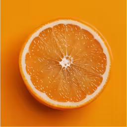 an orange slice cut into quarters on a yellow background