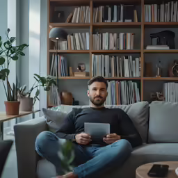 a man sits on a couch while holding an electronic device