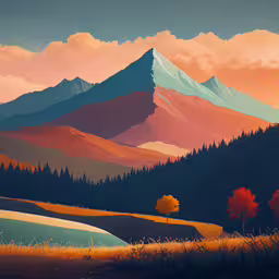 a landscape showing mountains with trees and clouds,a painting shows mountains and trees in the foreground