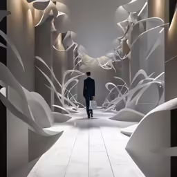 a man is walking through a corridor with white sculptures