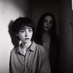 two people are standing in an empty room
