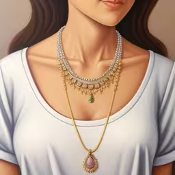 a woman wearing a white shirt and an ornate gold chain necklace,a painting of a woman with glasses and a necklace,digital portrait of a woman with long hair wearing jewelry,a painting of a woman wearing a necklace that includes a diamond pendant,a woman in a white shirt with a gold and pearl necklace