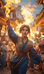 the actress is holding onto a fire and looking up