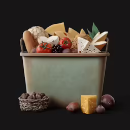 a green container with lots of cheeses and grapes