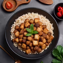 fried tofu served over rice and beans with tomatoes