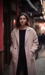a woman standing outside in a coat