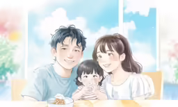 a family sitting in front of an open window