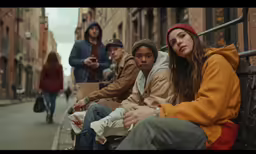 three people are on a bench outside in the street