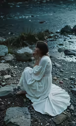 a woman is sitting on a rocky bank near water