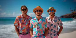 three men standing together wearing hats and sunglasses,three young men in colorful shirts stand on a beach