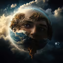 an artistic image of a child surrounded by clouds and the moon