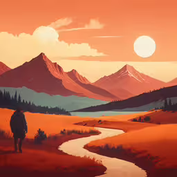 the man walks uphill near a stream towards a mountain range,an illustration of a man walking down a stream