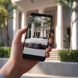 a person is holding up their smartphone displaying an open - concept photo
