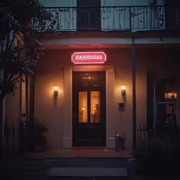 a dimly lit storefront with lights outside of it