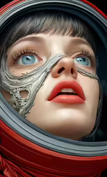 a woman with blue eyes wearing an orange astronaut suit