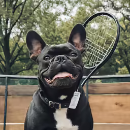 an adorable black french bulldog holding a tennis racket