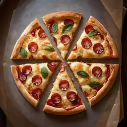 a pizza cut into four slices sitting on top of paper