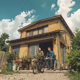 two men on bikes are sitting in the back of a house