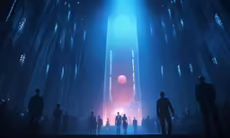 people standing in front of a huge building at night