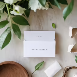 a small card on a table next to a bowl and some flowers