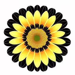 the yellow black and white flower is on a white background,a yellow flower with black centers on the bottom