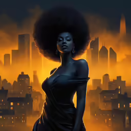a woman with an afro standing in front of a city skyline