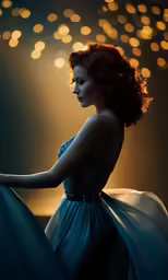 red haired woman in a blue dress with lights in the background