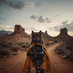 dog in a raincoat on top of a camera