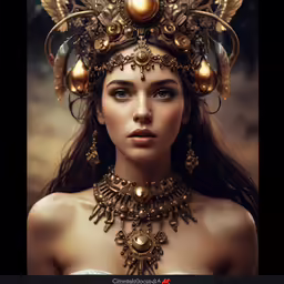 a young woman is dressed in ancient costume and wearing gold jewelry