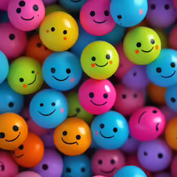 a pile of colored balls with small smiley faces on them