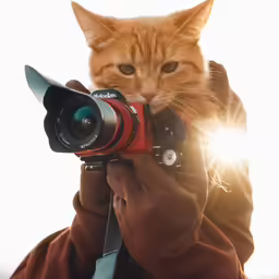 a cat sitting on a persons hand taking a photo