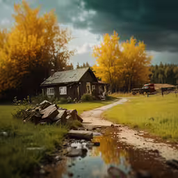 a house and other objects on a grassy field,two old homes sitting in the grass