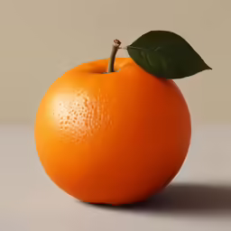 a round orange with green leaf on top of it
