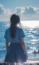the girl is looking out over the water