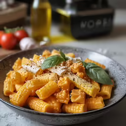 a bowl with pasta and sauce, sitting on a counter