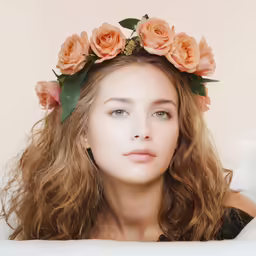 a woman with a flower crown is posing for a picture
