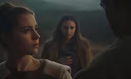 a woman looking at something while standing next to a man