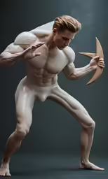 a nude male poses with his arms and legs as he holds the claws of a bird