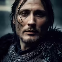 a man in the movie game of thrones with long hair wearing a chain and armor