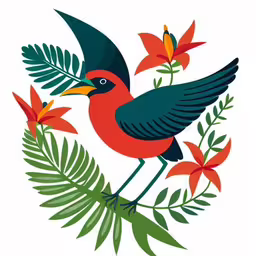 a bird perched on a branch with flowers,bird on top of the palm leaf and flowers