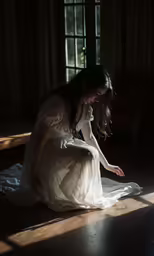 the woman is kneeling down in the dark looking at her shoes