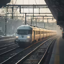 a white train is on its track near the platform