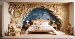 the large bed has a large blue wall paper behind it