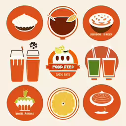 a bunch of food and drink in orange and white circles,food illustrations on an orange background,orange and red food poster with oranges, apples, drinks, orange slice,a large group of food icons are grouped together,a set of food icons are depicted on this illustration