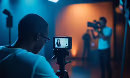 two people in the dark taking pictures with a camera