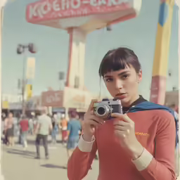 a girl takes a photo on a street corner