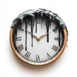 a clock with some melting and iced off around it
