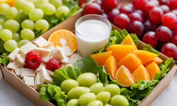 different fruit on the table with milk in the container