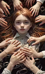 a bunch of people holding their hands on top of one another