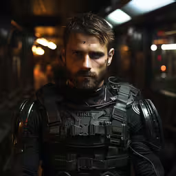 man in leather armor posing in the subway,man in the train wearing a bullet suit